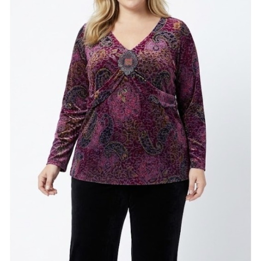 Susan Lawrence Paisley Burnout Velvet Top 3X Purple Red Beaded V-Neck Boho